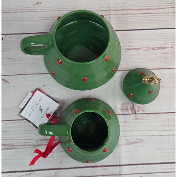 Hallmark Christmas Tree Stacking Mugs Set w Star Topper Lid Green Gold Holiday - Picture 3 of 6